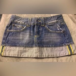 Y2K denim mini skirt with cuffed hem, size 28x10 1/2